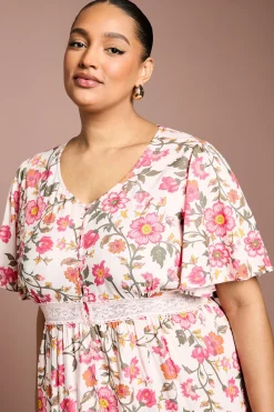 Robe Midi Imprimée À Manches Papillon Avec Détails De Boutons Et Bordure En Dentelle
