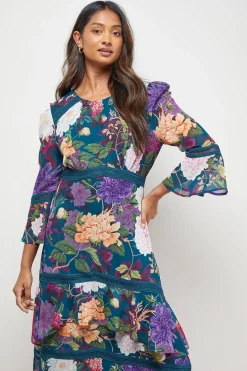 Oasis Robe Midi Imprimée à Manches Évasées Cannelées avec Insert en Dentelle à Étages<Femme Robes Mi-Longues|Satin Et Dentelle