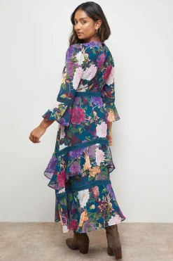 Oasis Robe Midi Imprimée à Manches Évasées Cannelées avec Insert en Dentelle à Étages<Femme Robes Mi-Longues|Satin Et Dentelle