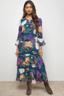 Oasis Robe Midi Imprimée à Manches Évasées Cannelées avec Insert en Dentelle à Étages<Femme Robes Mi-Longues|Satin Et Dentelle