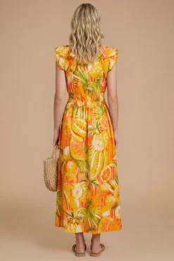 Robe Midi Imprimée À Motif Fruits Avec Encolure À Volants Et Détails En Dentelle