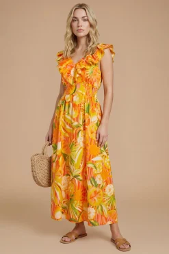 Robe Midi Imprimée À Motif Fruits Avec Encolure À Volants Et Détails En Dentelle