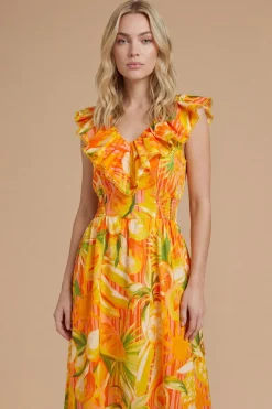 Robe Midi Imprimée À Motif Fruits Avec Encolure À Volants Et Détails En Dentelle