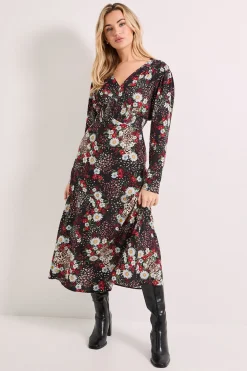 Robe Midi Imprimée Patchwork Floral à Taille Froncée avec Détails Boutons
