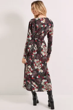 Robe Midi Imprimée Patchwork Floral à Taille Froncée avec Détails Boutons