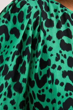 Robe Midi Imprimée Petite Taille Verte à Motif Animalier avec Détail de Fente Empire