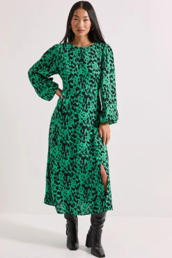 Robe Midi Imprimée Petite Taille Verte à Motif Animalier avec Détail de Fente Empire