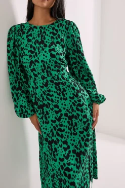 Robe Midi Imprimée Petite Taille Verte à Motif Animalier avec Détail de Fente Empire