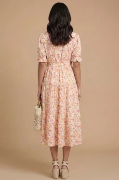 Robe Midi Imprimée Petite Taille Avec Boutonnage, Taille Cordon Coulissant