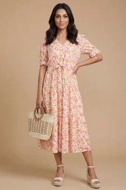 Robe Midi Imprimée Petite Taille Avec Boutonnage, Taille Cordon Coulissant