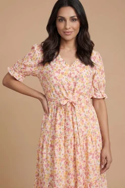 Robe Midi Imprimée Petite Taille Avec Boutonnage, Taille Cordon Coulissant