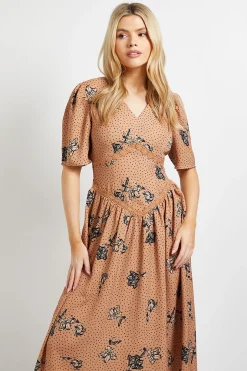 Robe Midi Imprimée Pierre à Détails Dentelle Florale, Taille Basse et Col en V