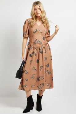 Robe Midi Imprimée Pierre à Détails Dentelle Florale, Taille Basse et Col en V