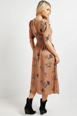 Robe Midi Imprimée Pierre à Détails Dentelle Florale, Taille Basse et Col en V