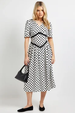 Dorothy Perkins Robe Midi Imprimée à Pois avec Détails en Dentelle, Taille Basse et Col en V<Femme Robes Mi-Longues|Satin Et Dentelle