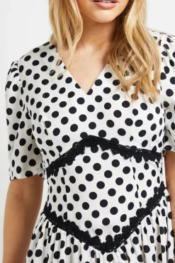 Dorothy Perkins Robe Midi Imprimée à Pois avec Détails en Dentelle, Taille Basse et Col en V<Femme Robes Mi-Longues|Satin Et Dentelle