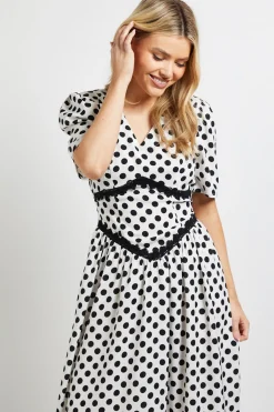 Dorothy Perkins Robe Midi Imprimée à Pois avec Détails en Dentelle, Taille Basse et Col en V<Femme Robes Mi-Longues|Satin Et Dentelle