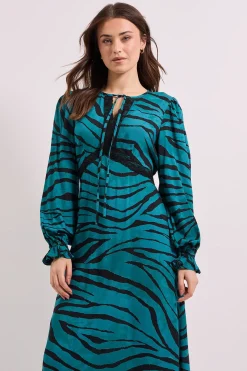 Robe Midi Imprimée Sarcelle Zèbre avec Détail Dentelle et Col Noué