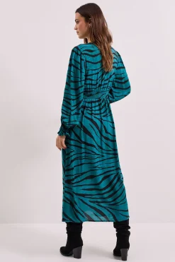 Robe Midi Imprimée Sarcelle Zèbre avec Détail Dentelle et Col Noué