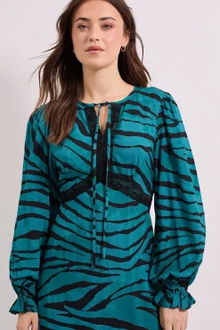 Robe Midi Imprimée Sarcelle Zèbre avec Détail Dentelle et Col Noué