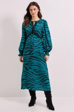 Robe Midi Imprimée Sarcelle Zèbre avec Détail Dentelle et Col Noué