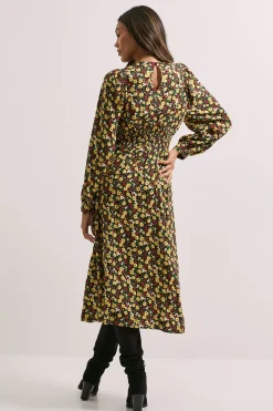 Robe Midi Imprimée à Taille Cintrée avec Détail Trou de Serrure et Manches Bouffantes