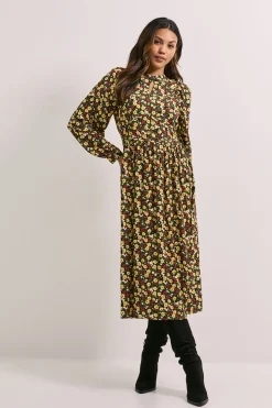 Robe Midi Imprimée à Taille Cintrée avec Détail Trou de Serrure et Manches Bouffantes