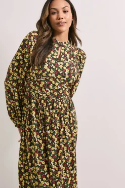 Robe Midi Imprimée à Taille Cintrée avec Détail Trou de Serrure et Manches Bouffantes