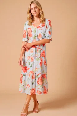 Robe Midi Imprimée À Taille Froncée Avec Boutonnage