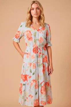 Robe Midi Imprimée À Taille Froncée Avec Boutonnage