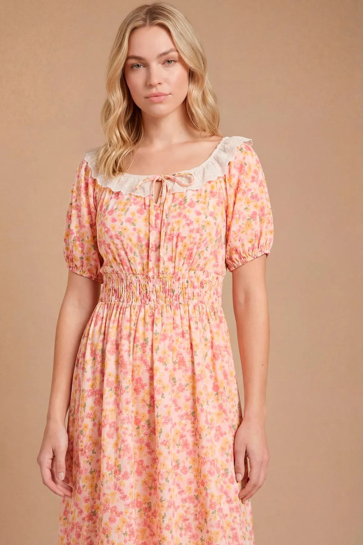 Robe Midi Imprimée À Volants Broderie Anglaise Et Ourlet Étagé