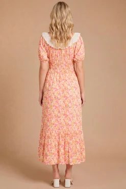 Robe Midi Imprimée À Volants Broderie Anglaise Et Ourlet Étagé