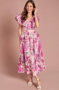 Coast Robe Midi Imprimée À Volants En Organza Et Col En V<Femme Toutes Les Robes|Robes Mi-Longues