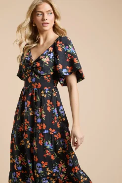 Robe Midi À Imprimé Fleuri Avec Détail Torsadé Devant Et Manches Bouffantes