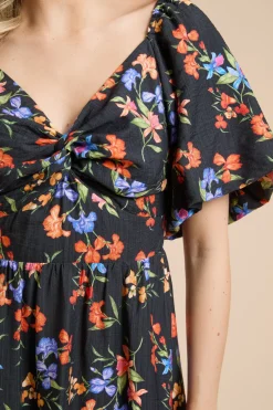 Robe Midi À Imprimé Fleuri Avec Détail Torsadé Devant Et Manches Bouffantes