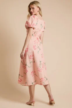 Robe Midi À Imprimé Floral Avec Détail Boutons Et Manches Bouffantes