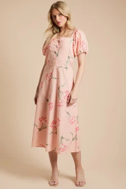 Robe Midi À Imprimé Floral Avec Détail Boutons Et Manches Bouffantes
