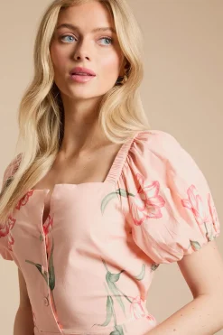 Robe Midi À Imprimé Floral Avec Détail Boutons Et Manches Bouffantes