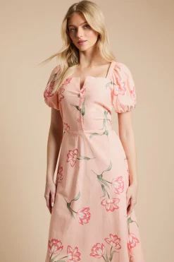 Robe Midi À Imprimé Floral Avec Détail Boutons Et Manches Bouffantes