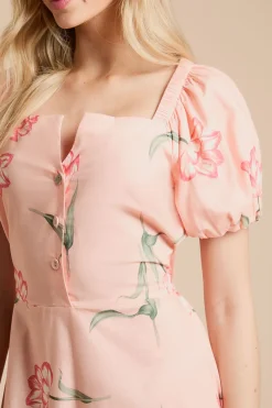 Robe Midi À Imprimé Floral Avec Détail Boutons Et Manches Bouffantes