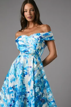 Robe Midi à Imprimé Floral avec Haut Plissé en Organza Rayé