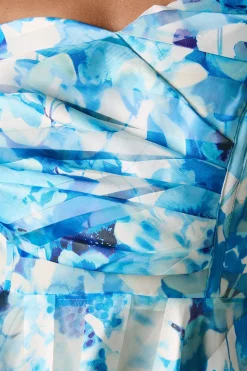 Robe Midi à Imprimé Floral avec Haut Plissé en Organza Rayé