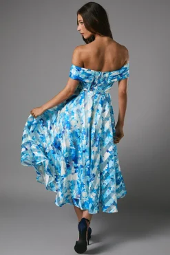 Robe Midi à Imprimé Floral avec Haut Plissé en Organza Rayé
