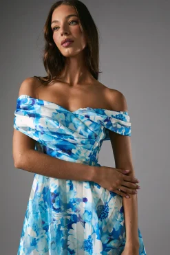Robe Midi à Imprimé Floral avec Haut Plissé en Organza Rayé