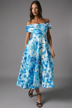 Robe Midi à Imprimé Floral avec Haut Plissé en Organza Rayé