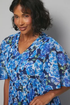Robe Midi à Imprimé Floral avec Manches Cape Plissées