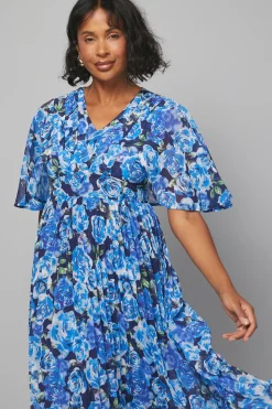 Robe Midi à Imprimé Floral avec Manches Cape Plissées