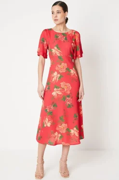 Robe Midi à Imprimé Floral avec Manches Volantées et Liens au Dos