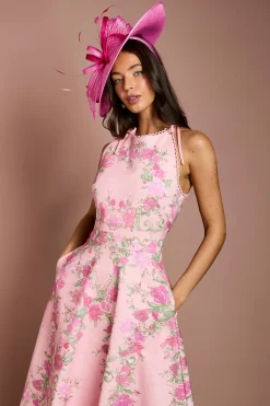 Robe Midi À Imprimé Floral Placé Avec Nœud Aux Épaules