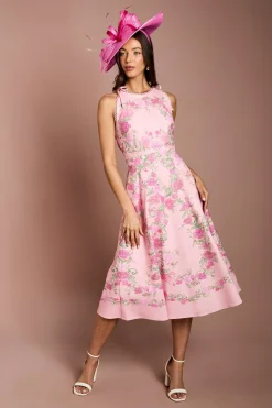 Robe Midi À Imprimé Floral Placé Avec Nœud Aux Épaules